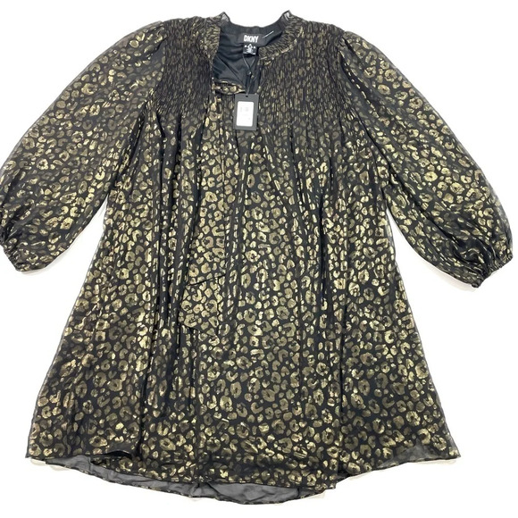 New DKNY Pleated Metallic Animal Print Dress - Picture 2 of 7